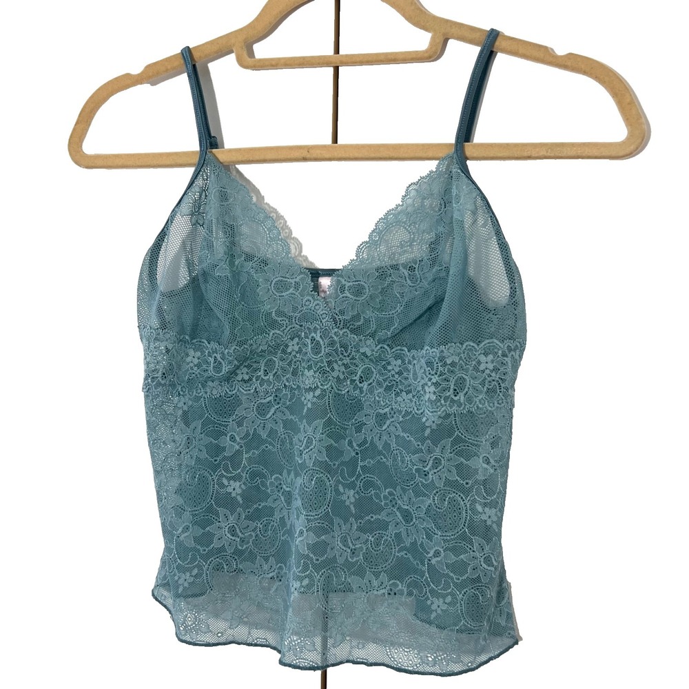 Victoria's Secret Baby Doll Lace Camisole Women‎ M Teal Sheer Floral Fairy Y2K